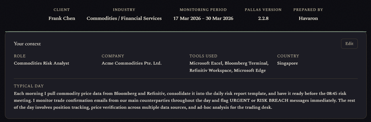 Pallas context card showing AI research on your company, industry and role